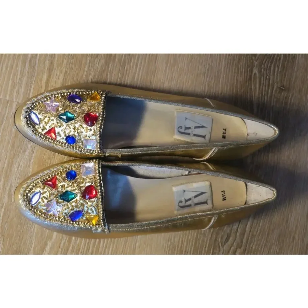 Vintage AJ Valenci Gold Leather Jeweled Flats Loafers Size 7.5 (Fits Like 7)...